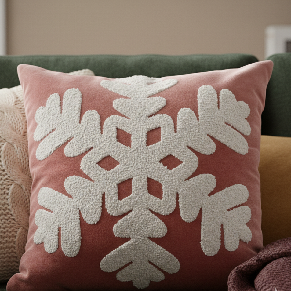 Snowflake Embroidered Velvet Cushion Cover- 16"X16"
