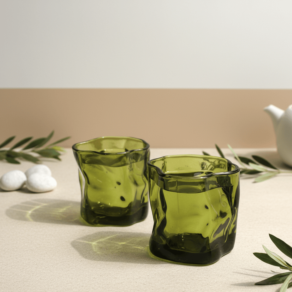 Two green glass tumblers on a beige surface with white stones and green leaves.