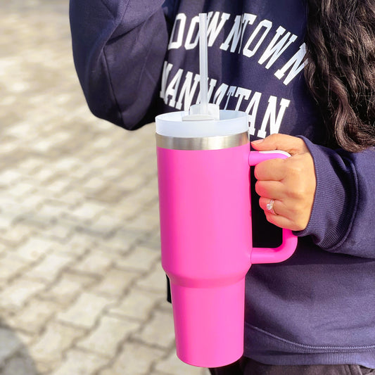 Tumbler with Handle, Straw & Lid I Leakproof Tumbler I Hot and Cold - Hot Pink