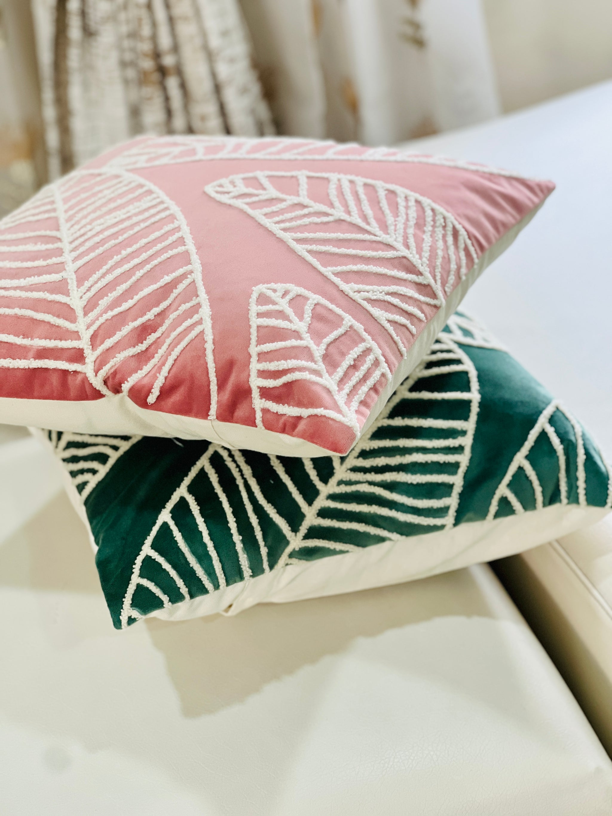Pink Leaf Whisper, Embroidered Cushion Cover (16*16)