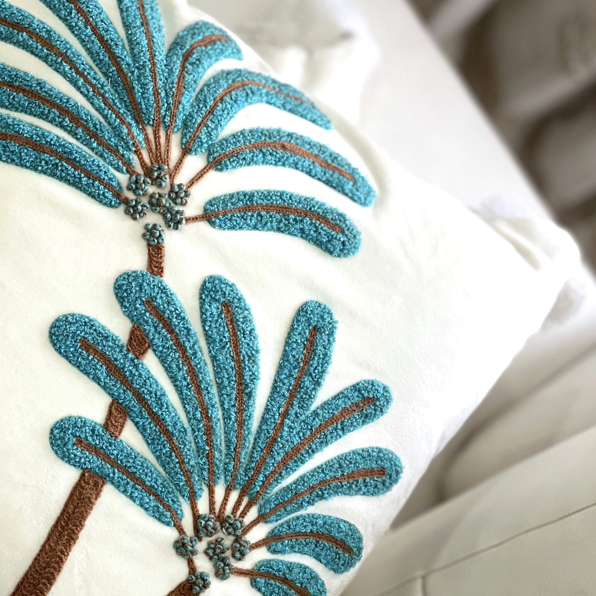 Coastal Embroidered Cushion Cover - Off white, Turquoise