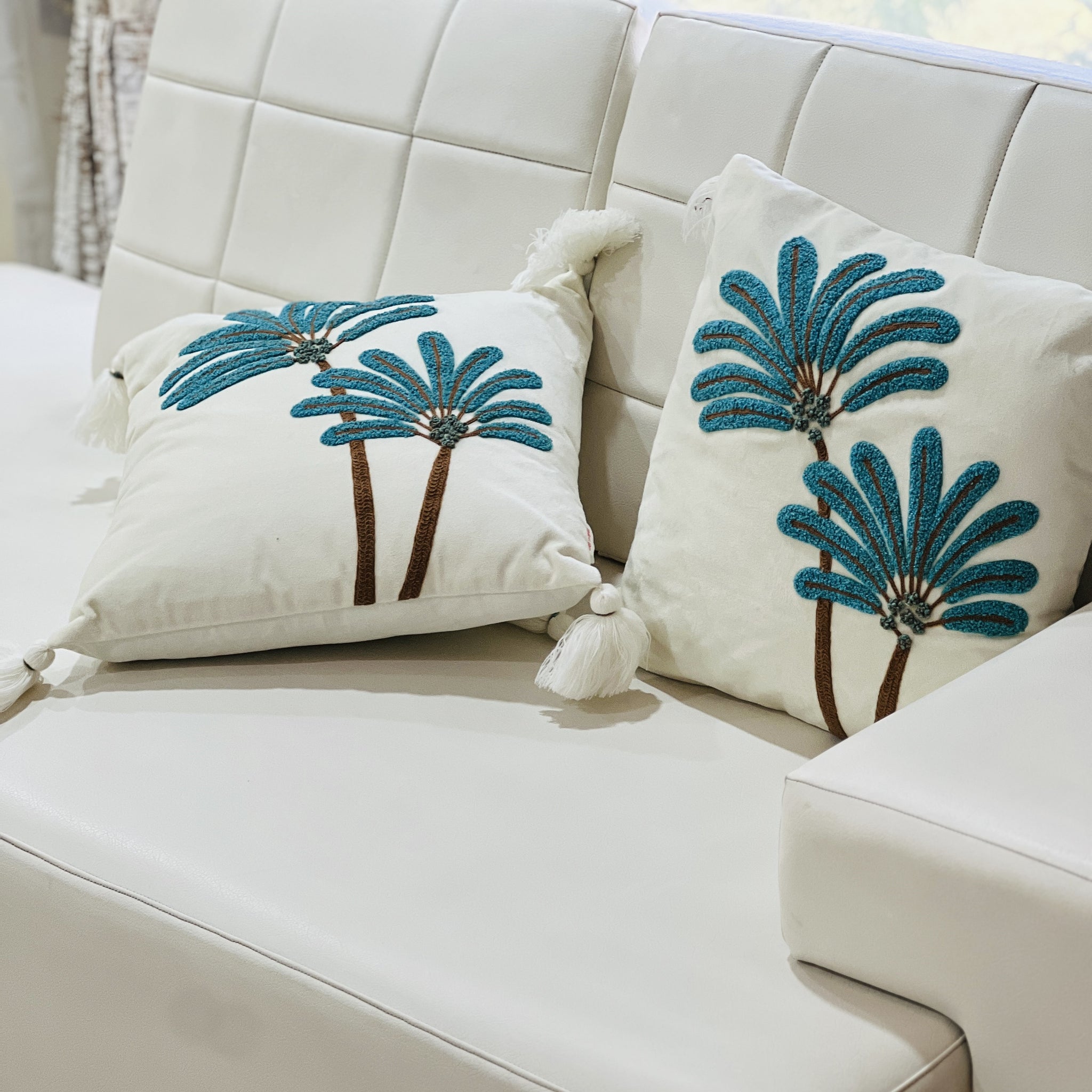 Coastal Embroidered Cushion Cover - Off white, Turquoise