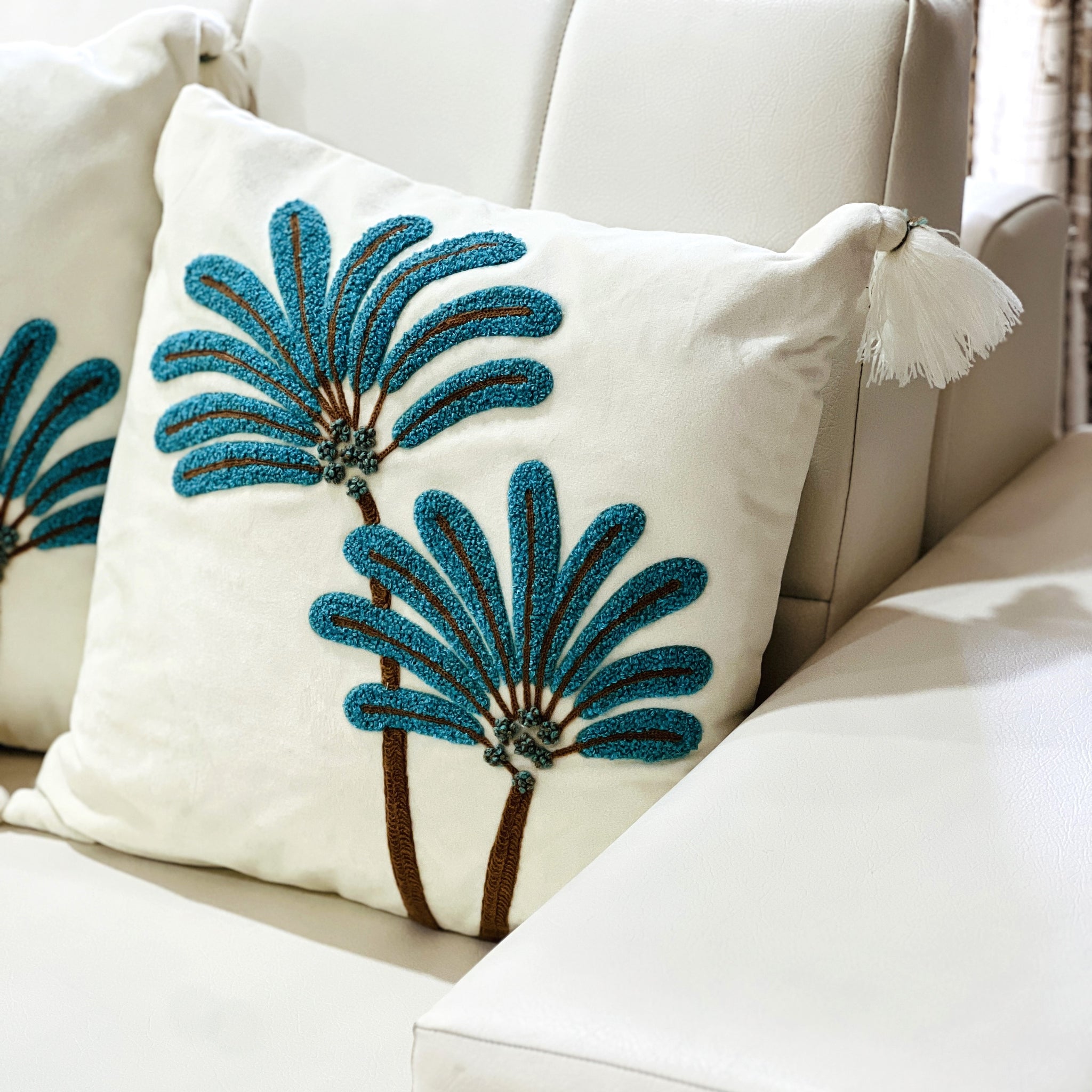Coastal Embroidered Cushion Cover - Off white, Turquoise