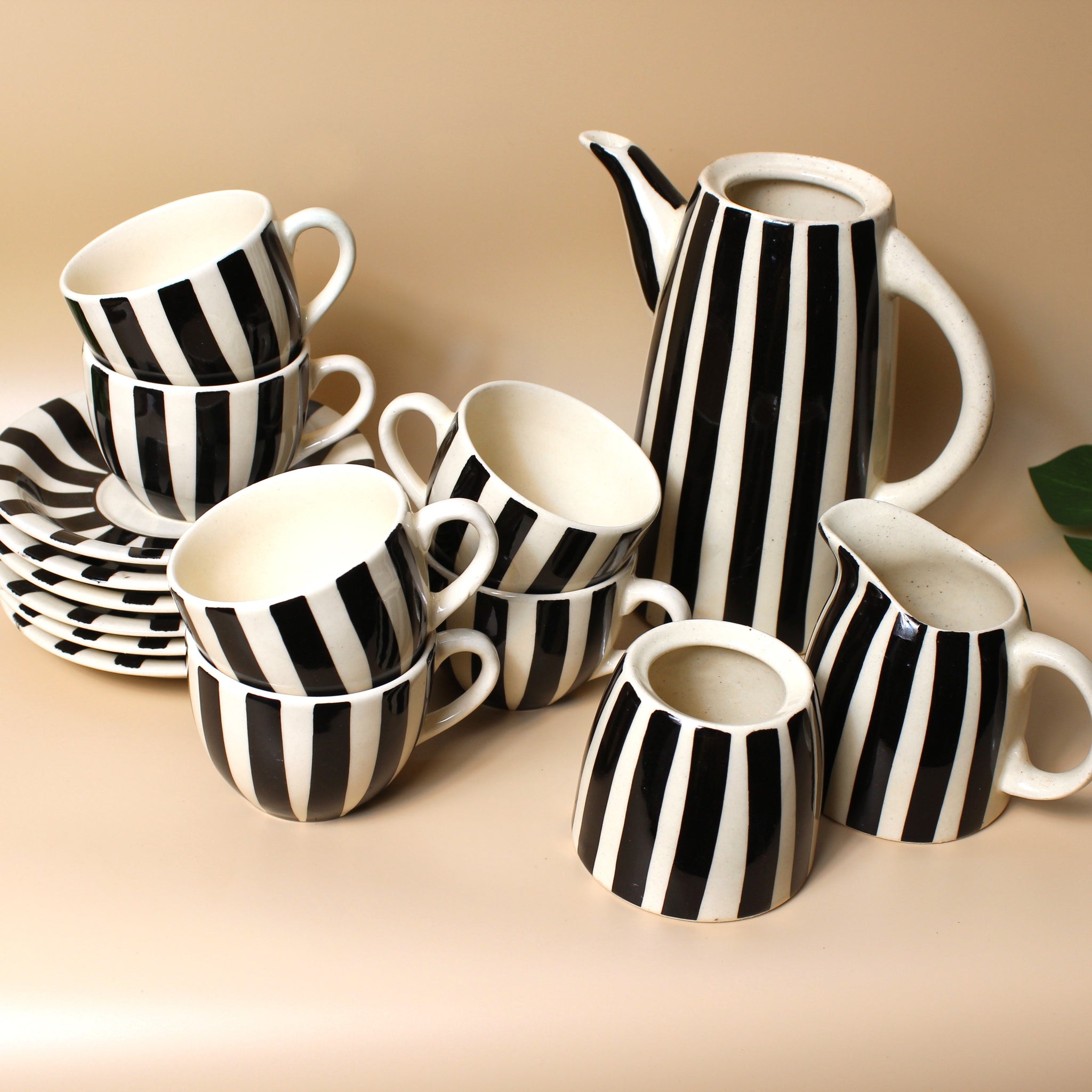 Monochrome Tea Serving Set with Kettle , Milk pot (set of 15)