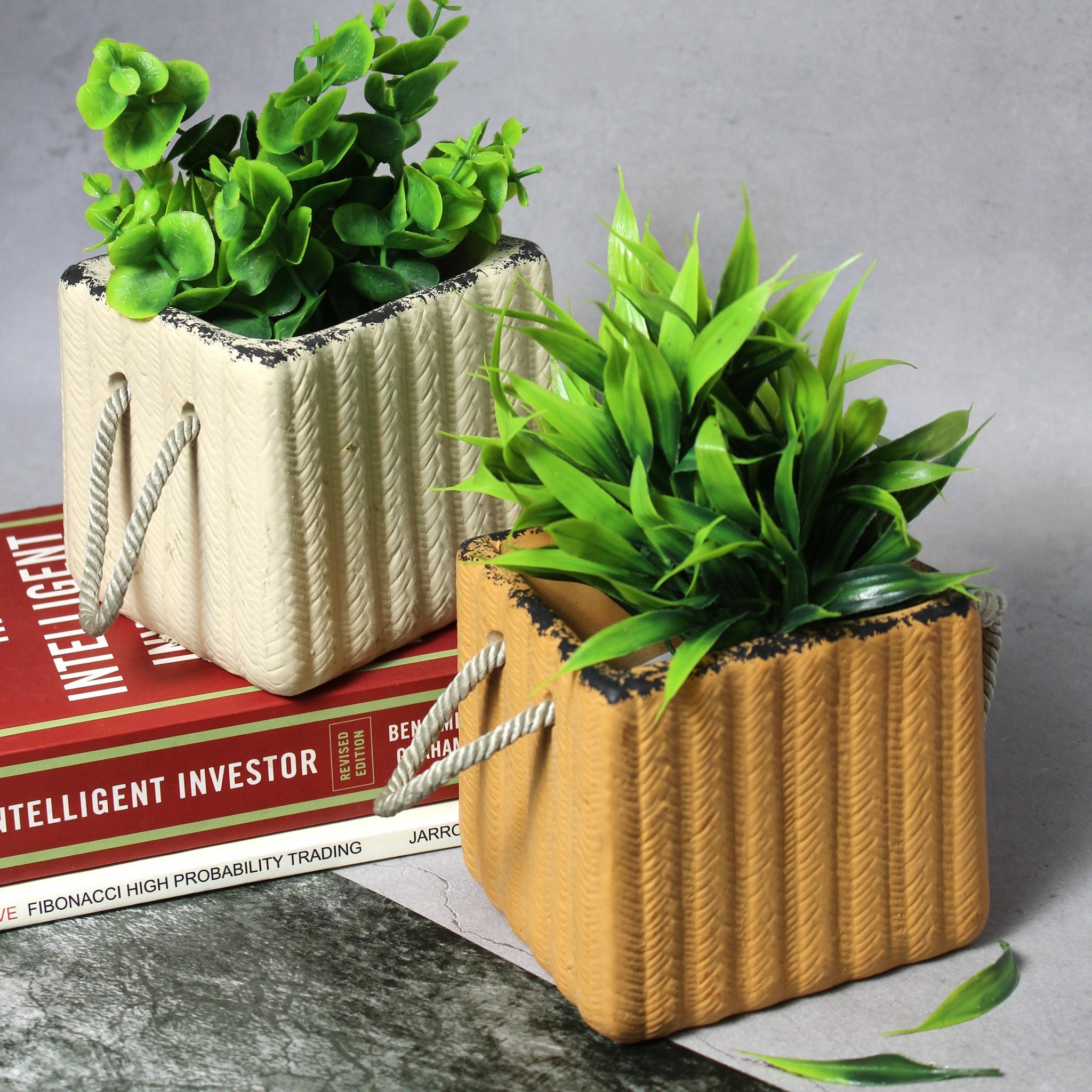 Carry Bag Planters – Unique Ceramic Pots set of 2 Sand & Beige colored planters