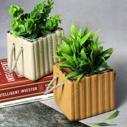 Carry Bag Planters – Unique Ceramic Pots set of 2 Sand & Beige colored planters