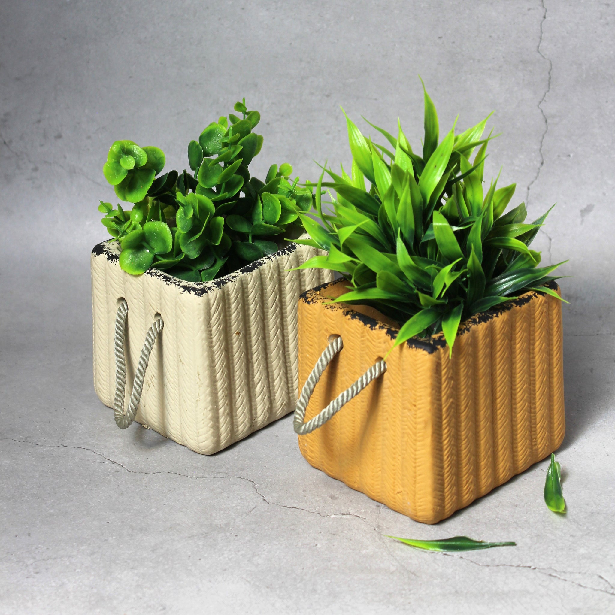 Carry Bag Planters – Unique Ceramic Pots set of 2 Sand & Beige colored planters