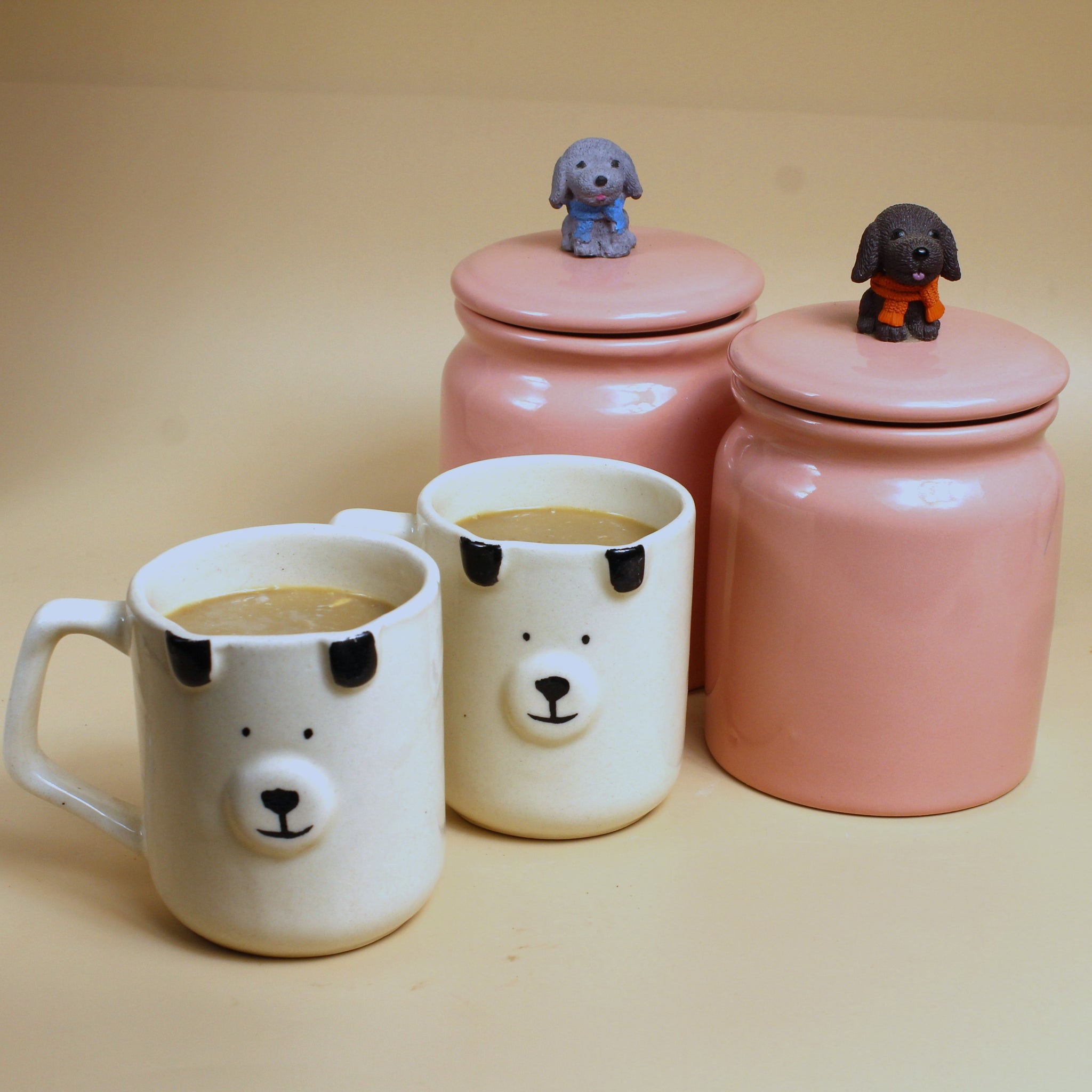 Paws Ceramic Jar + Mug set- Puppy Themed Ceramic Jars and Mugs (Set of 4- 2 mugs, 2 jars )Combo