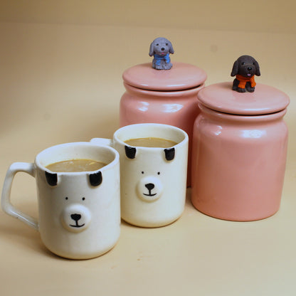 Paws Ceramic Jar + Mug set- Puppy Themed Ceramic Jars and Mugs (Set of 4- 2 mugs, 2 jars )Combo