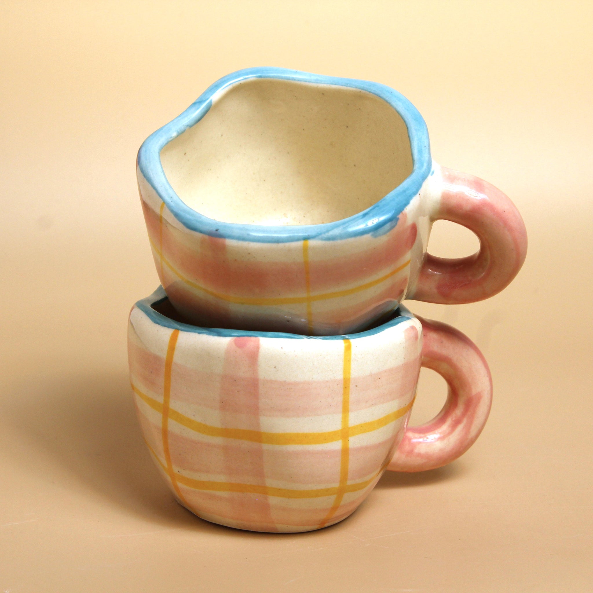 Blush Plaid Ceramic Mug , Off white & Pink