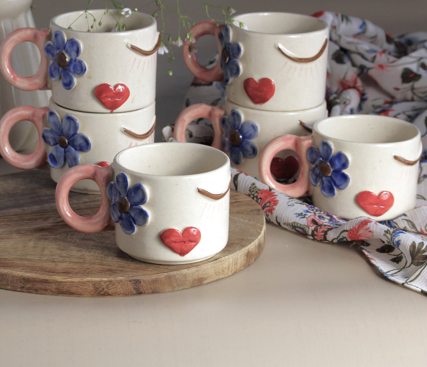 Daisy Blooms cup Set- Embossed Design, Ivory