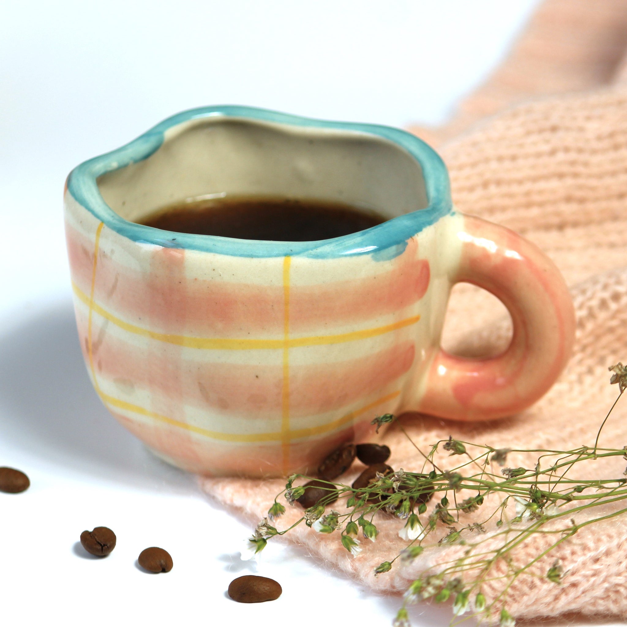 Blush Plaid Ceramic Mug , Off white & Pink