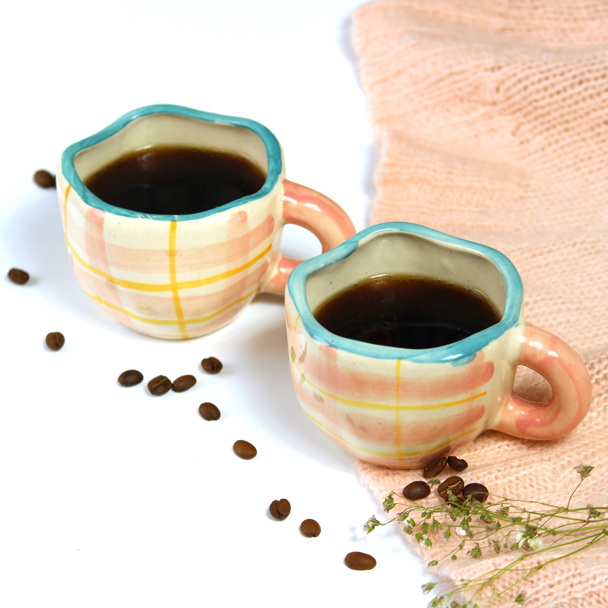 Blush Plaid Ceramic Mug , Off white & Pink