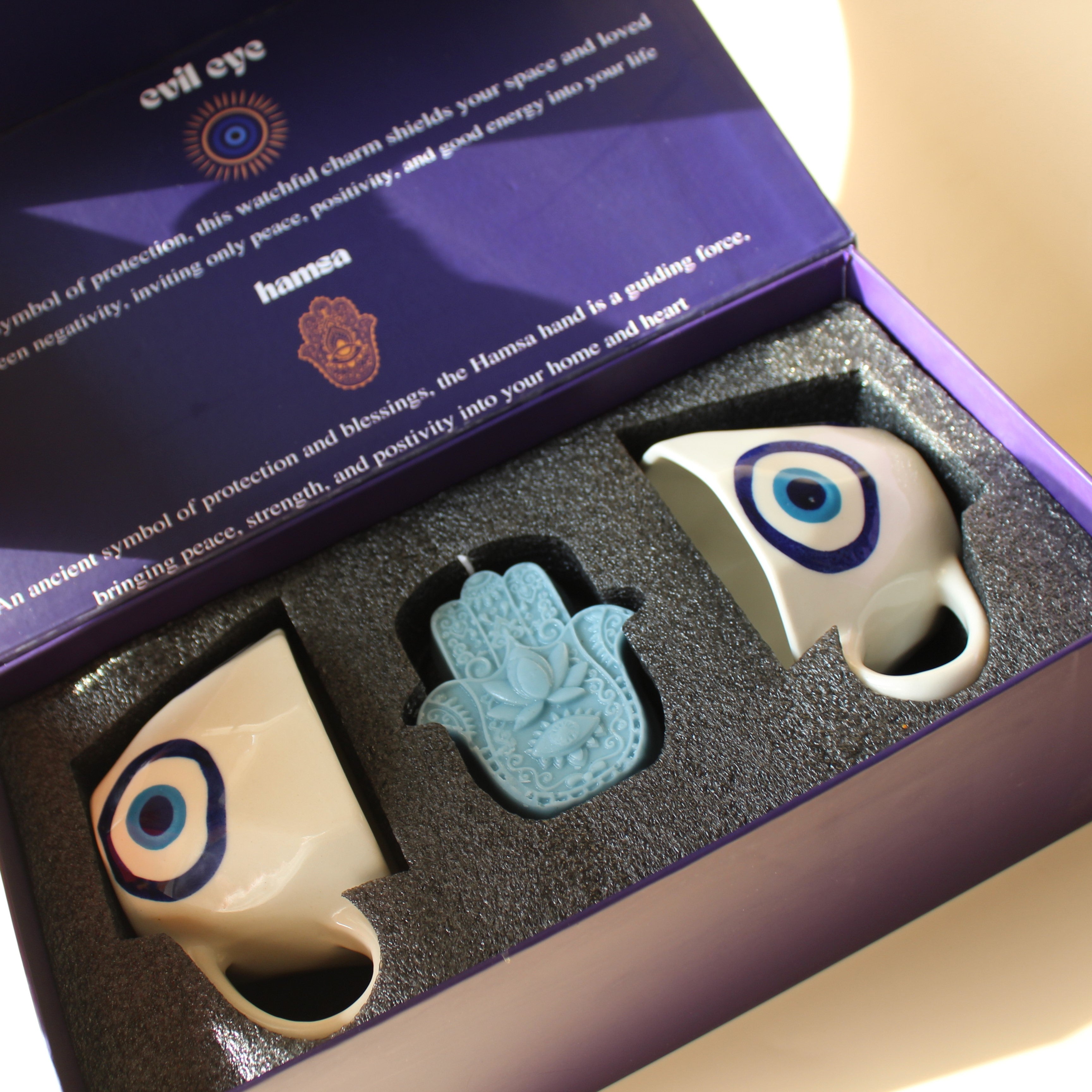Good Vibes Gift Set- Evil eye Mugs & Hamza Candle