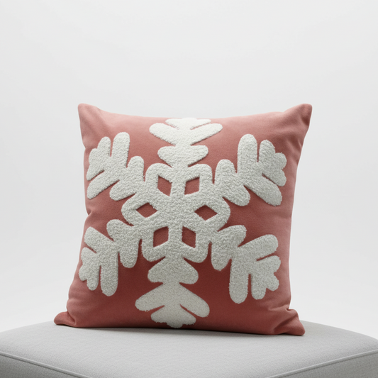 Snowflake embroidered peach velvet cushion cover 16x16 - del hogar