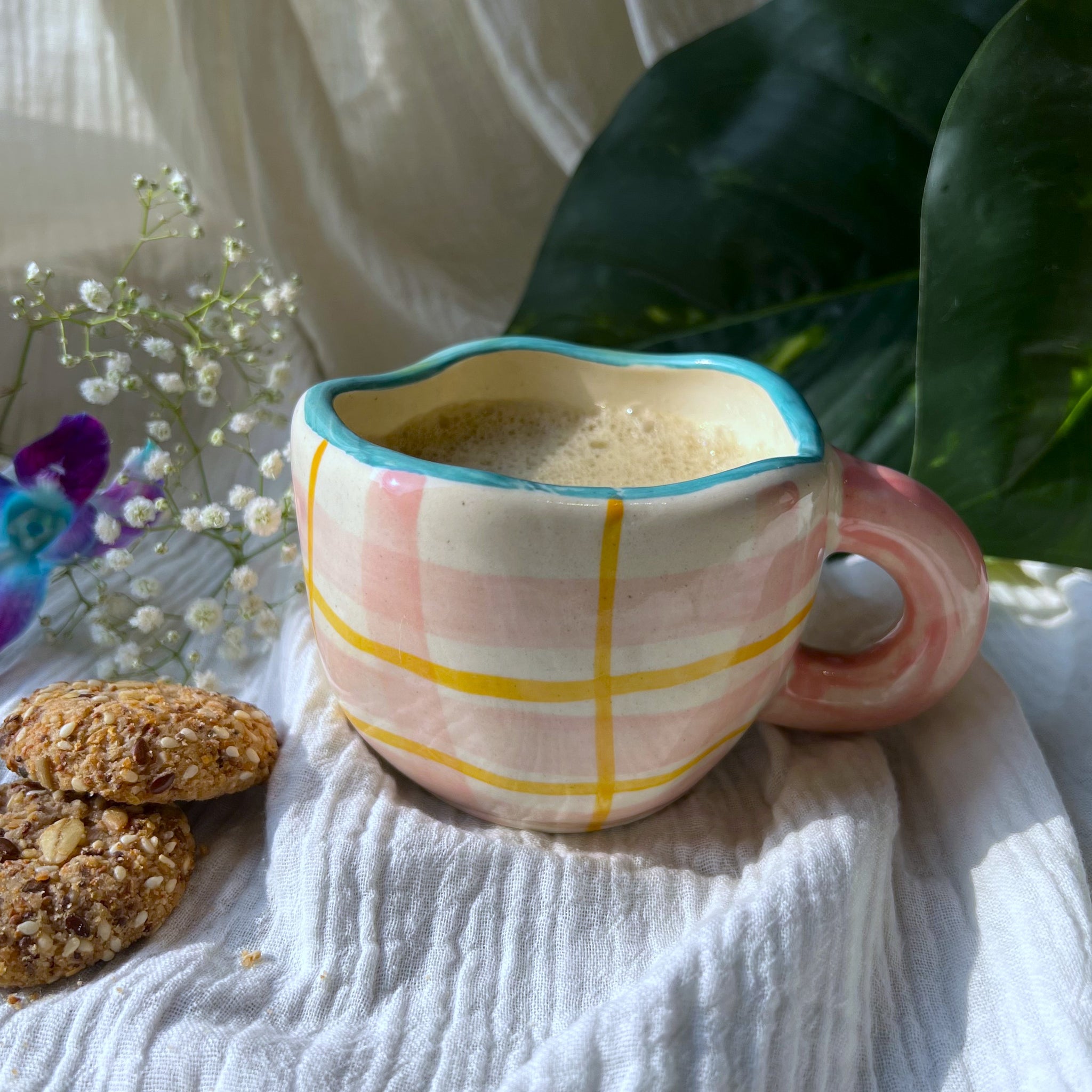 Blush Plaid Ceramic Mug , Off white & Pink