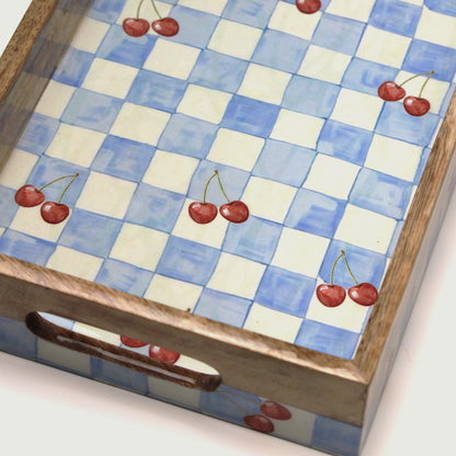 Cherry & Checks Serving Tray- 14"X 8" (Mango wood)