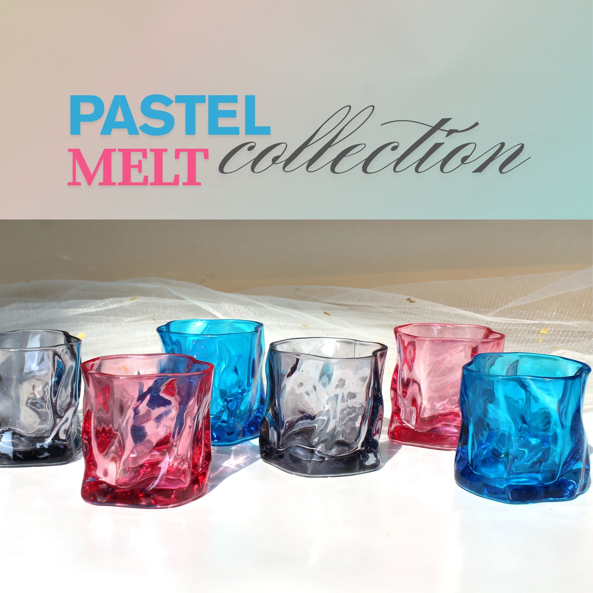 Colorful glass votives with 'Pastel Melt collection' text on a neutral background