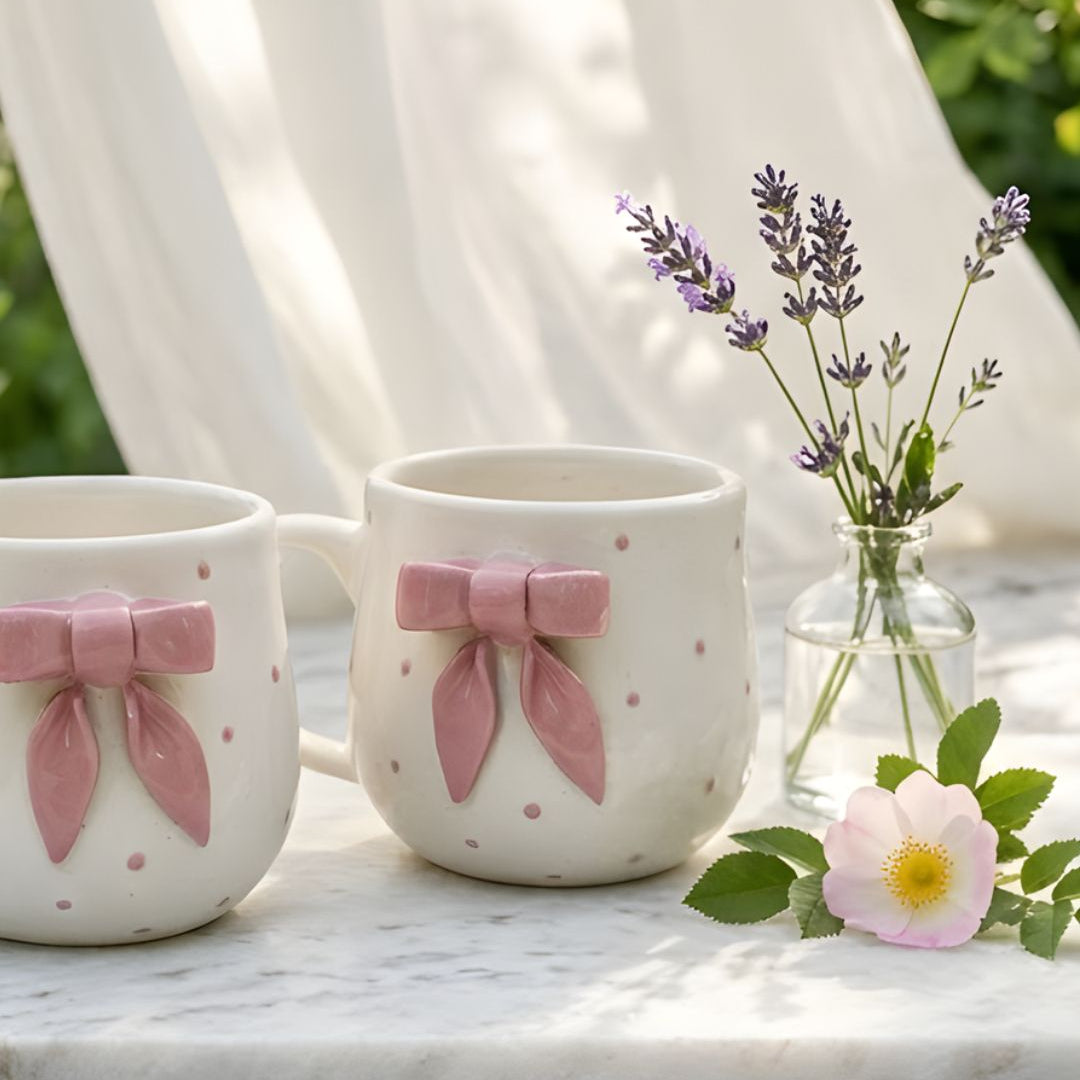 Two ceramic mugs with pink bows on a wooden surface with flowers and fabric in the background.