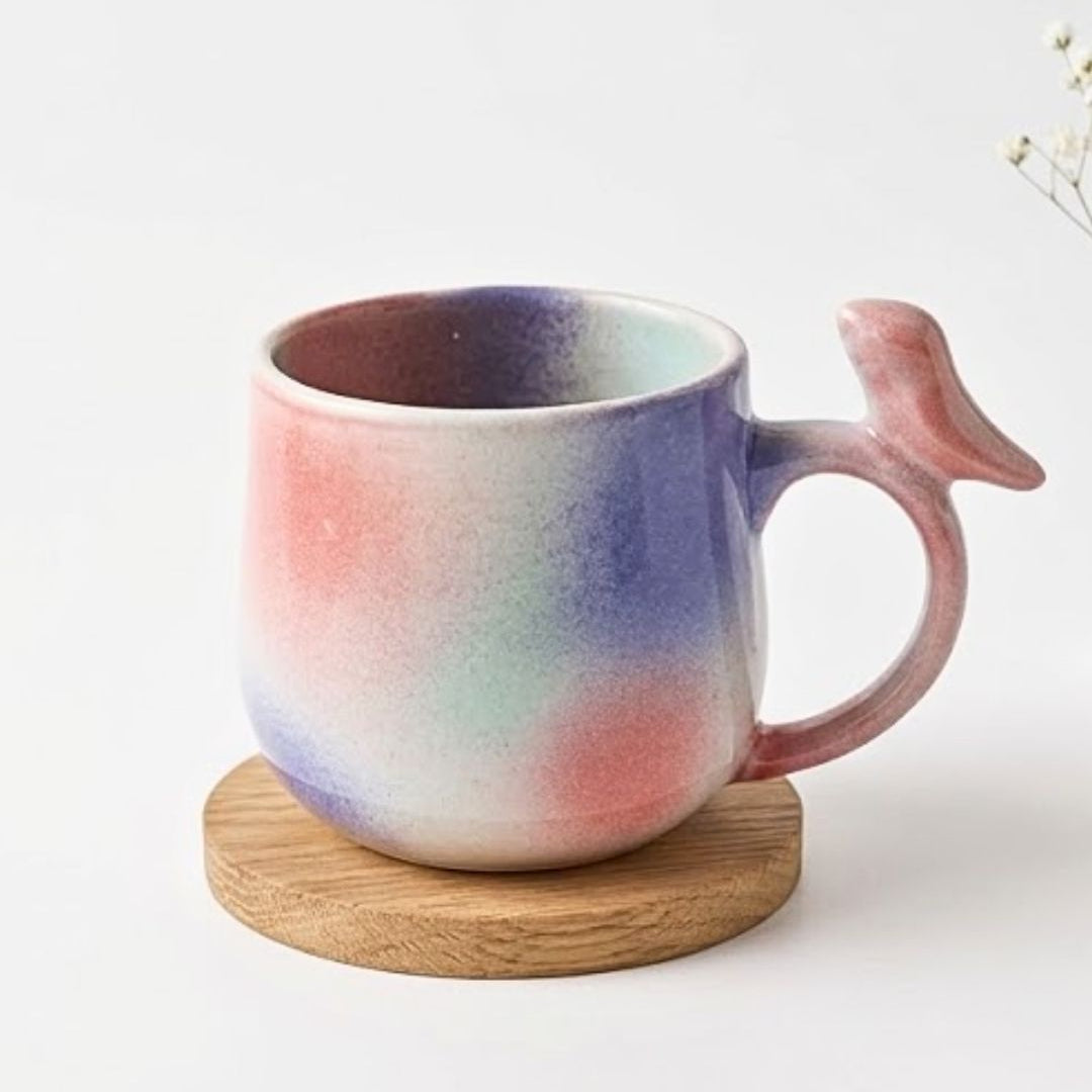 Multicolored mug with a handle on a wooden coaster against a white background