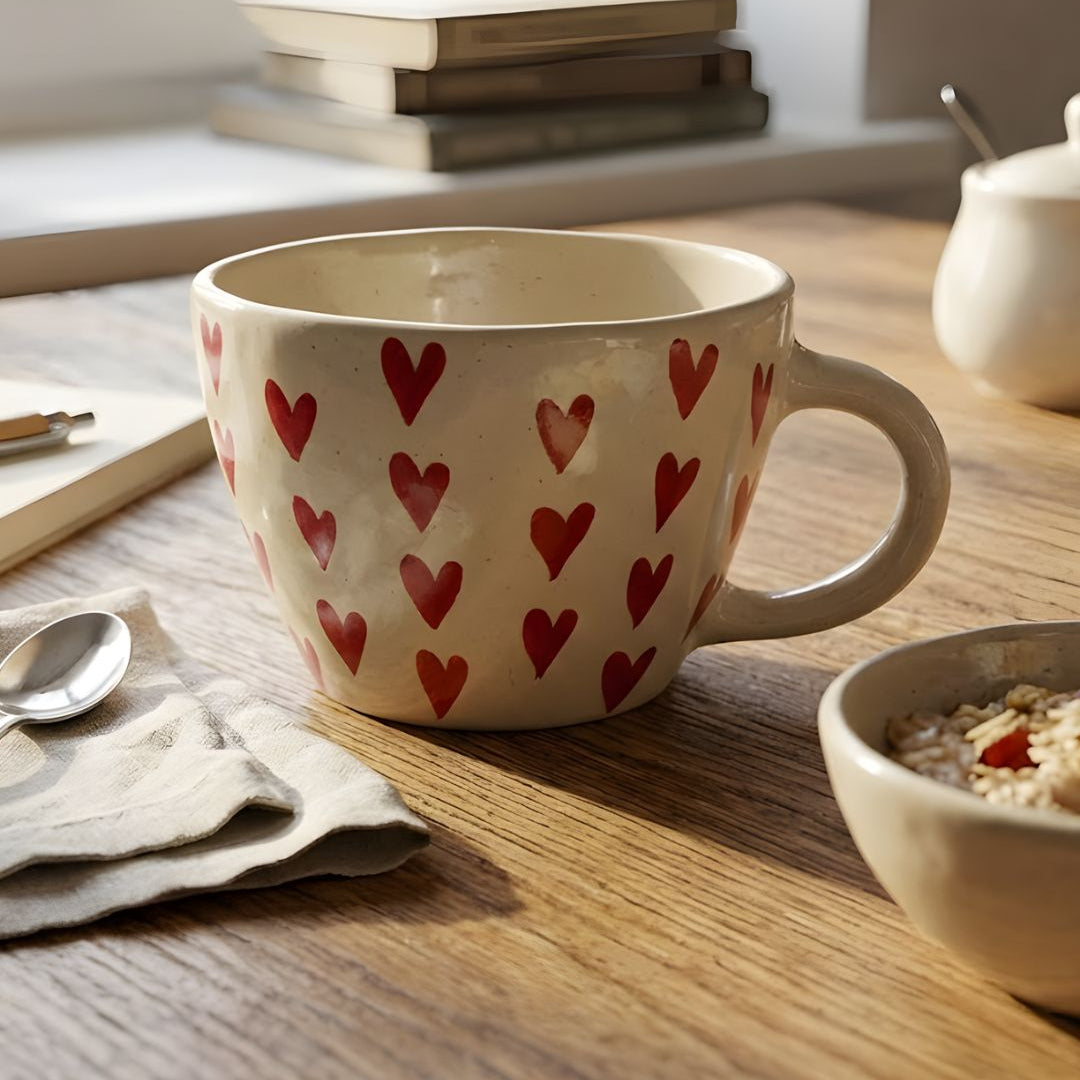 Mug with red heart pattern on a wooden table with books and a bowl in the background