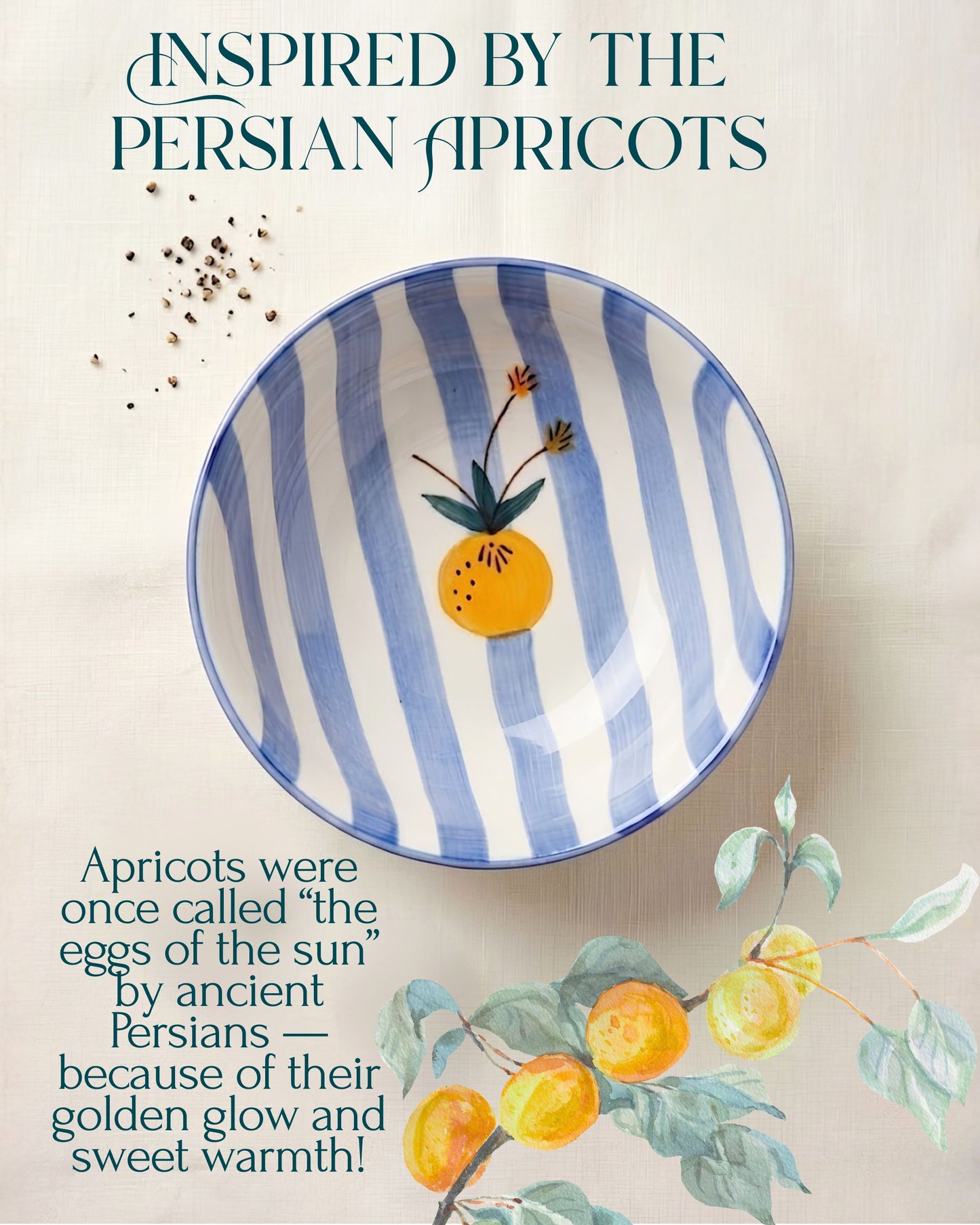 Blue and white striped ceramic bowl with decorative elements on a light background