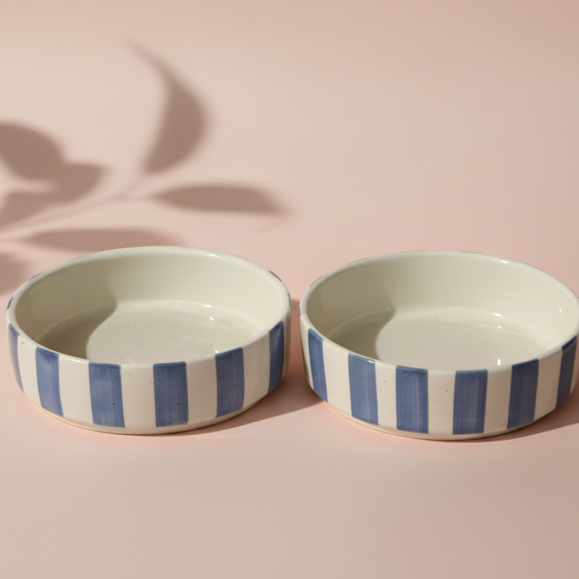 Two ceramic bowls with blue stripes on a pink background