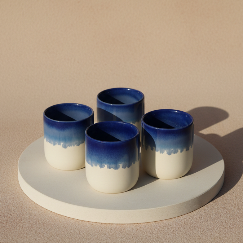 Four ceramic cups with blue and white gradient on a beige background