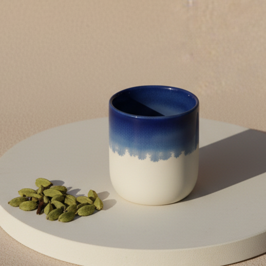 Blue and white ceramic cup with green cardamom seeds on a beige surface