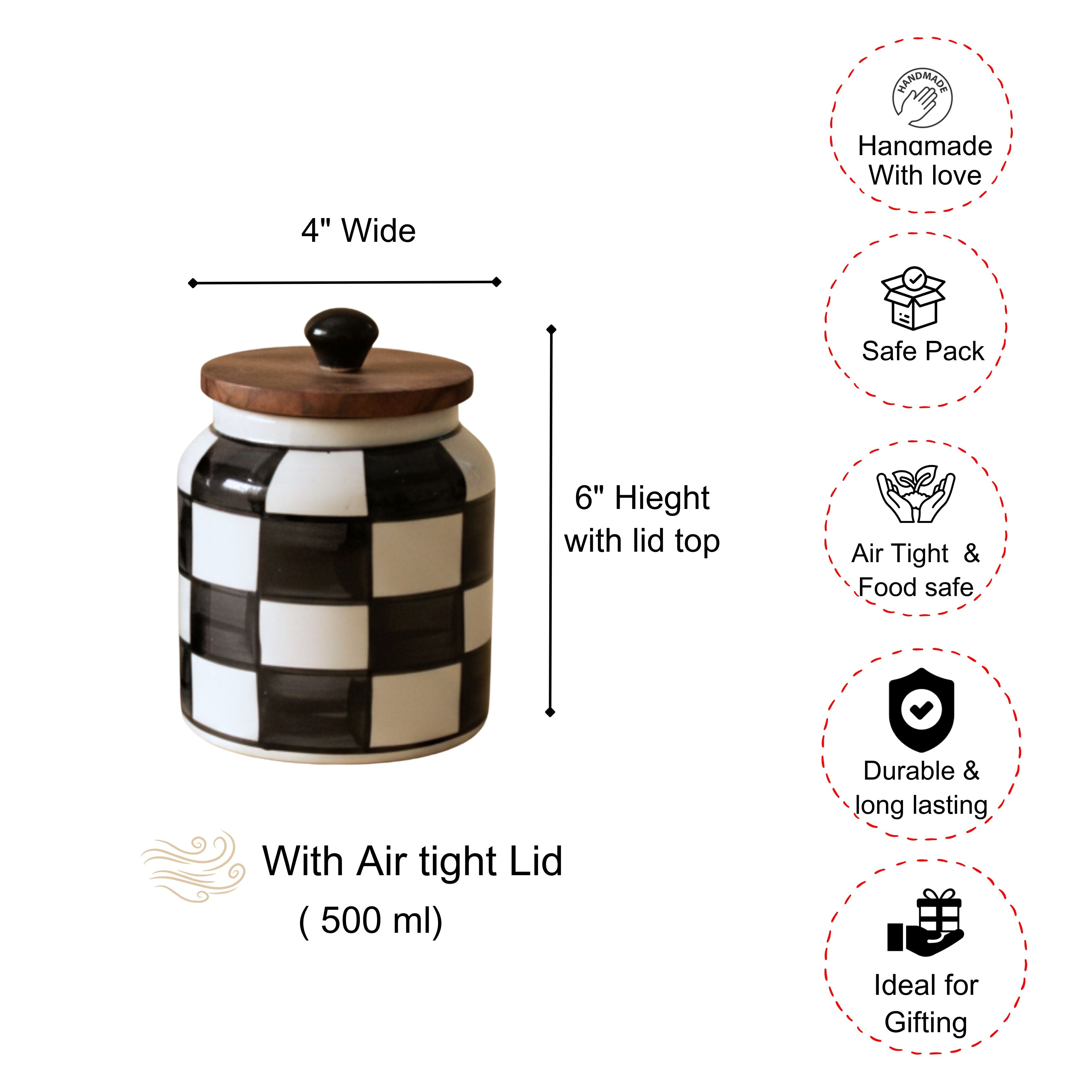Black checkered Ceramic Jar Set- Air tight, 500ml