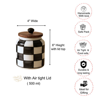 Black checkered Ceramic Jar Set- Air tight, 500ml