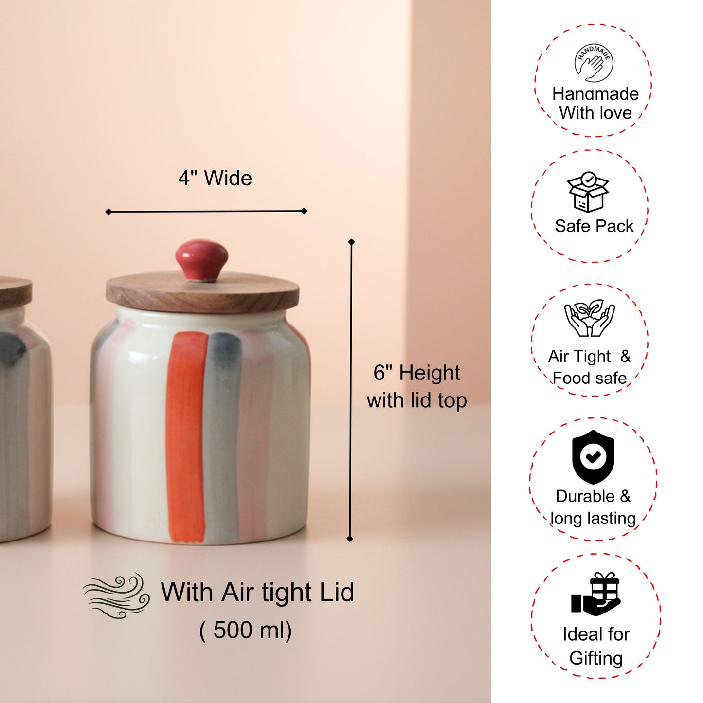 Colored Bars Ceramic Jar Set- Air tight, 500ml