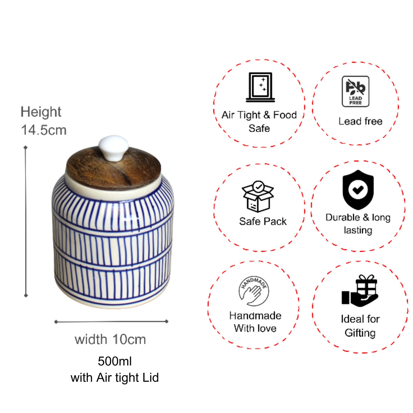 Stripes Ceramic Jar Set- Air tight, 650ml