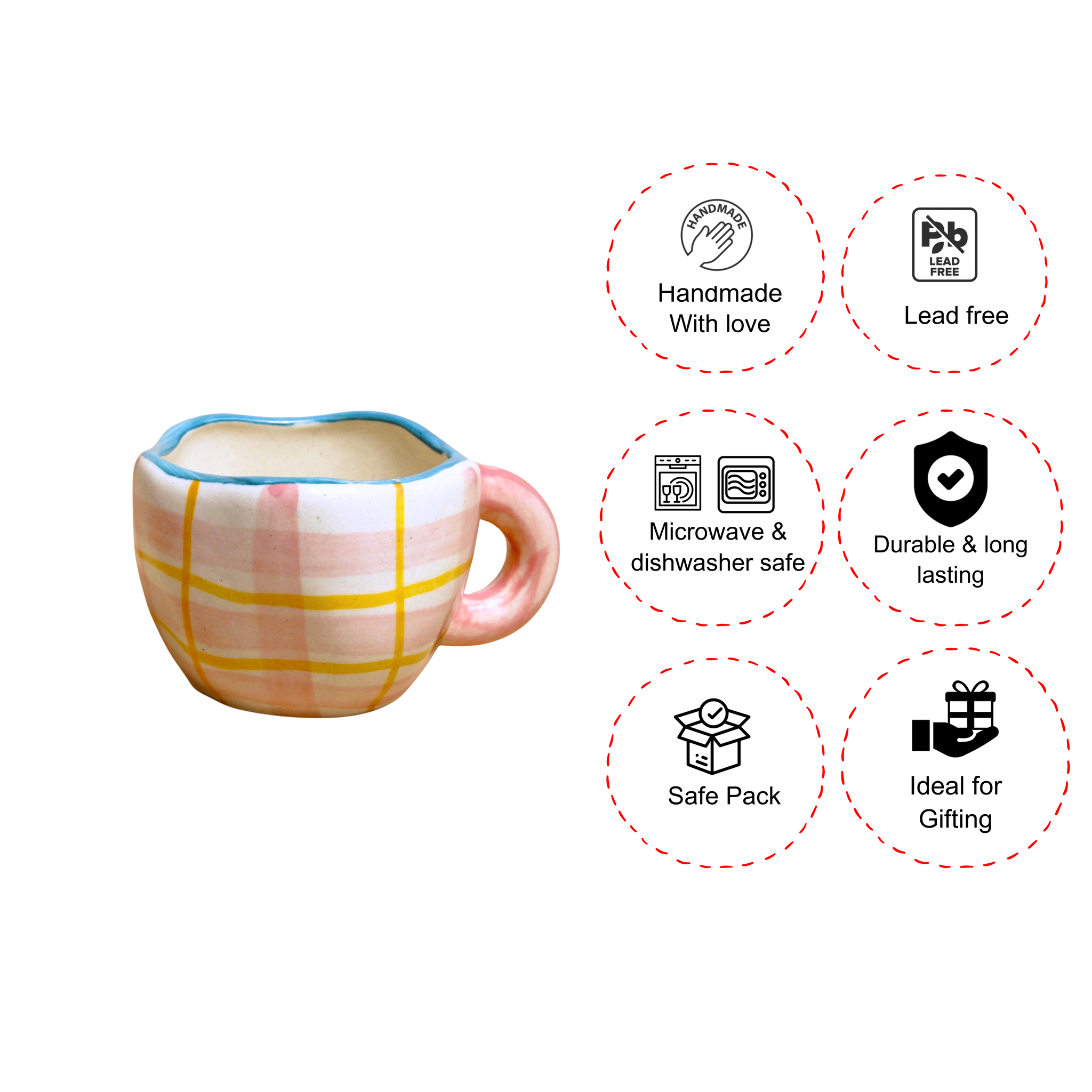 Blush Plaid Ceramic Mug , Off white & Pink