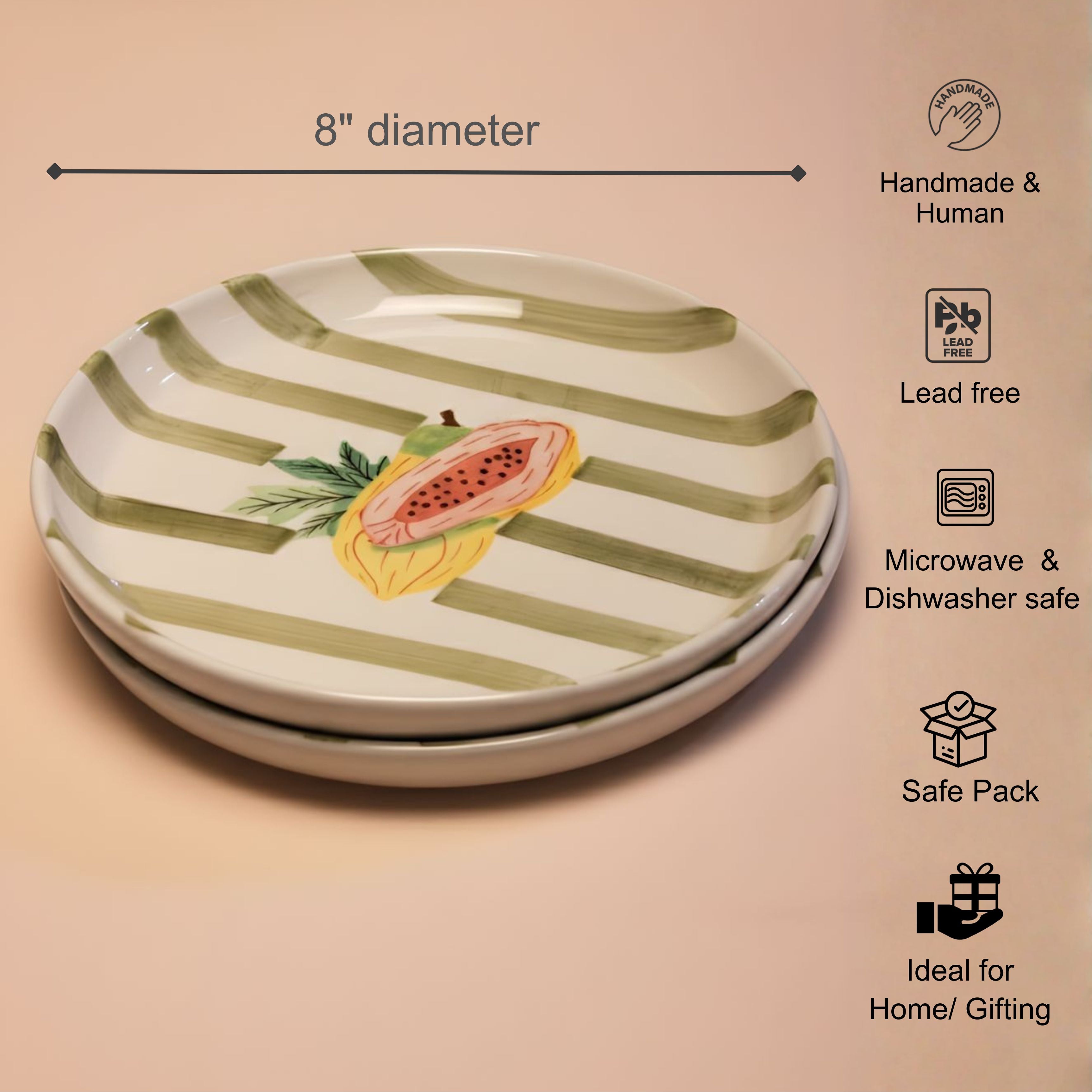 Ceramic plate with green stripes and watermelon design, shown with product details on a beige background.