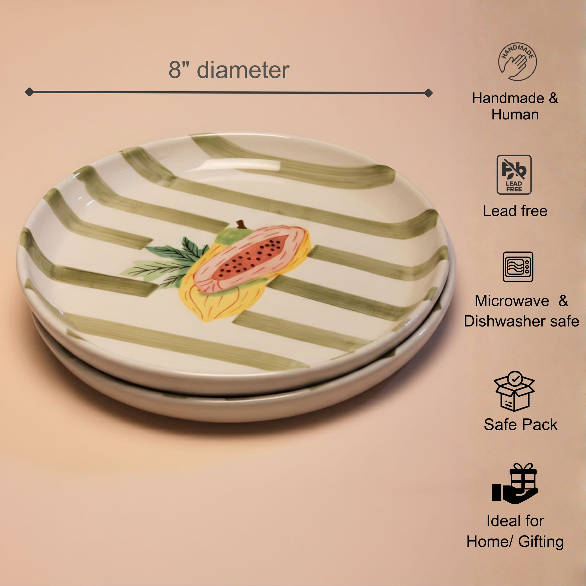 Ceramic plate with green stripes and watermelon design, shown with product details on a beige background.