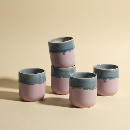 Set of five ceramic cups with blue and pink gradient on a beige background