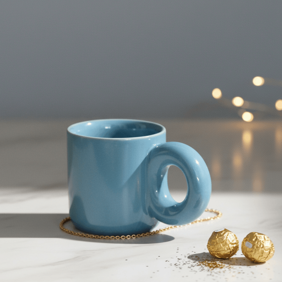 Blue mug on a white surface with gold decorative elements and blurred lights in the background