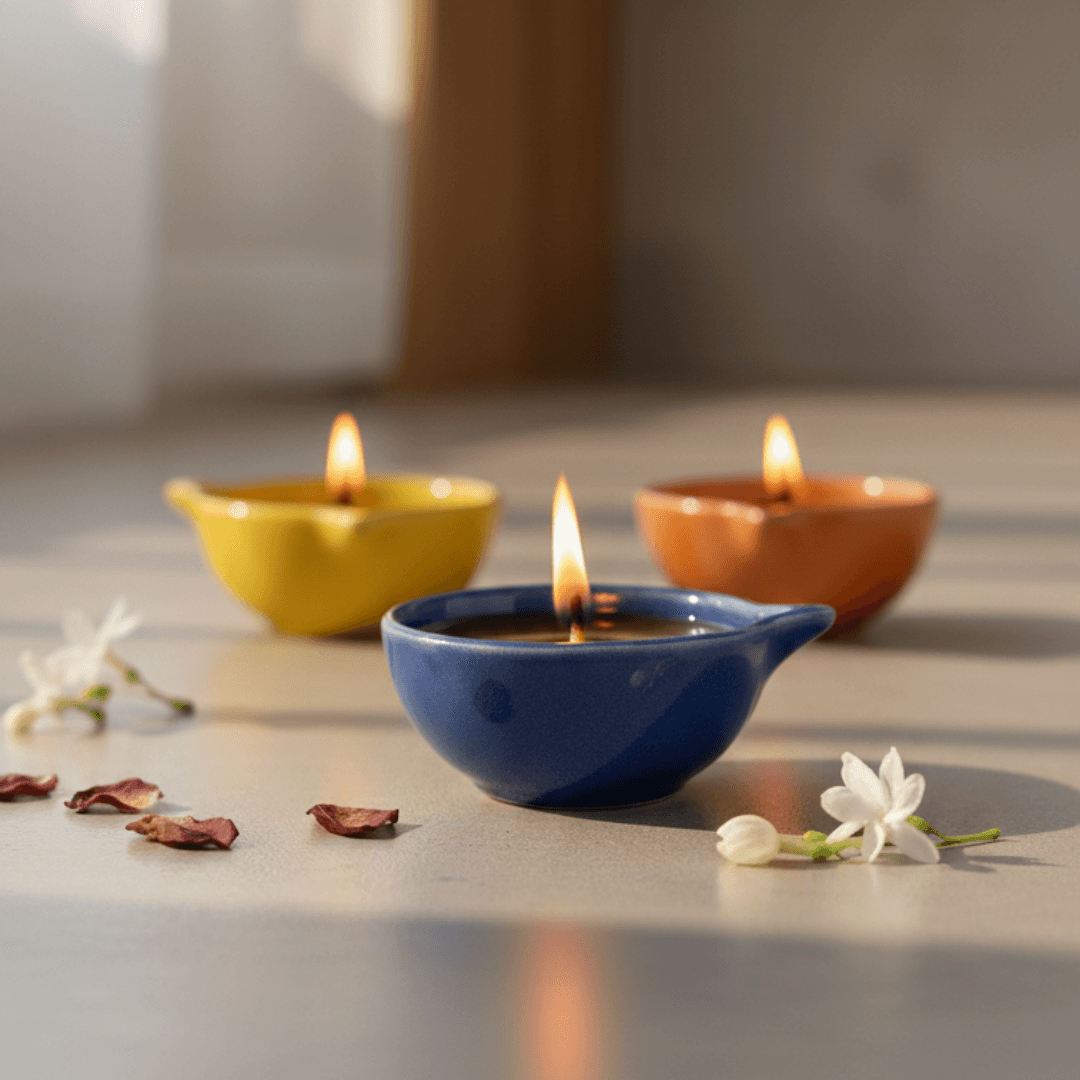 Ceramic Diyas - (Set of 3) Multicolor Glazed