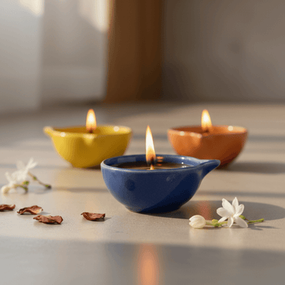 Ceramic Diyas - (Set of 3) Multicolor Glazed