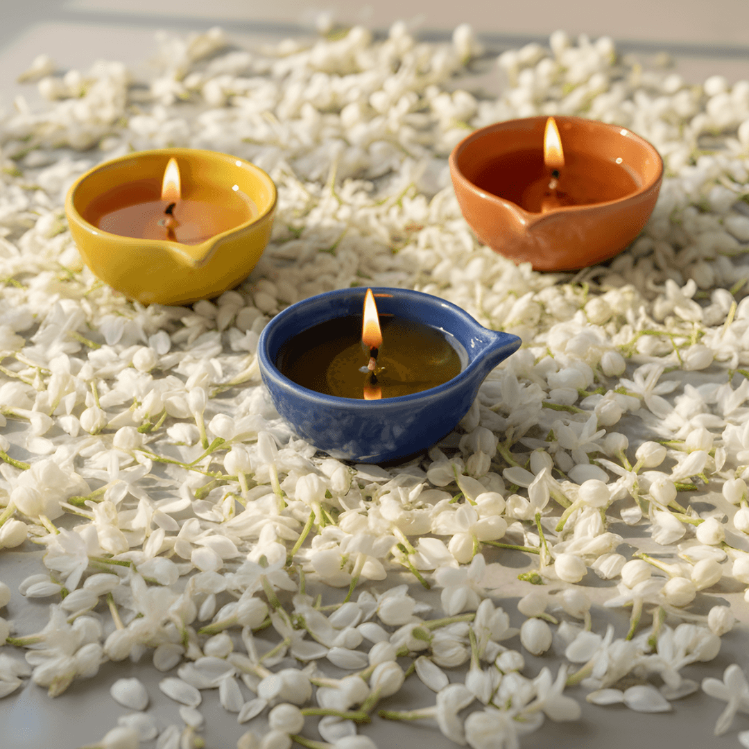 Ceramic Diyas - (Set of 3) Multicolor Glazed