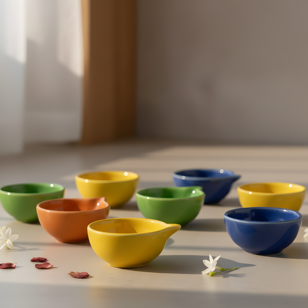 Ceramic Diyas - (Set of 3) Multicolor Glazed